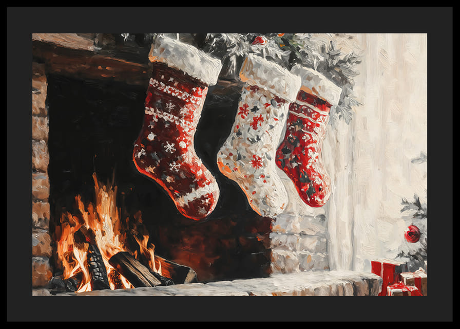 En juleplakat med pyntede julestrømper hengende over et koselig knitrende bål-12