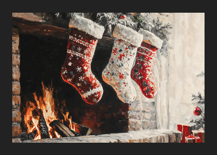A Christmas poster with decorated Christmas stockings hanging over a cozy crackling fire-12