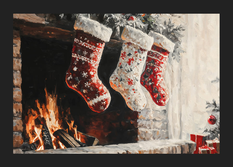 En juleplakat med pyntede julestrømper hengende over et koselig knitrende bål-12