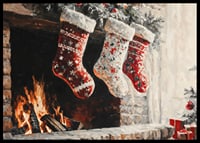 A Christmas poster with decorated Christmas stockings hanging over a cozy crackling fire-6