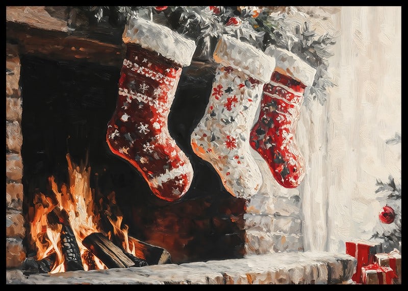 A Christmas poster with decorated Christmas stockings hanging over a cozy crackling fire-12
