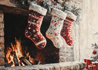 A Christmas poster with decorated Christmas stockings hanging over a cozy crackling fire-7