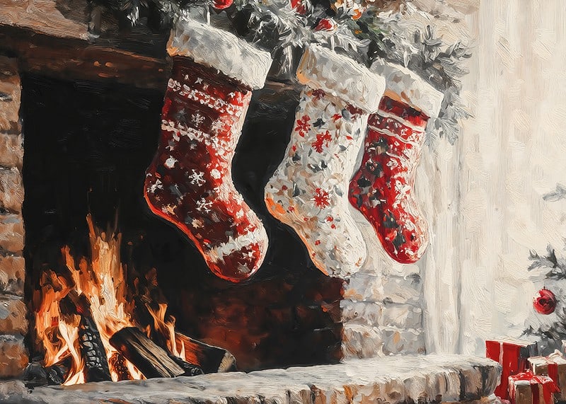 A Christmas poster with decorated Christmas stockings hanging over a cozy crackling fire-12