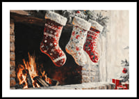 A Christmas poster with decorated Christmas stockings hanging over a cozy crackling fire-0