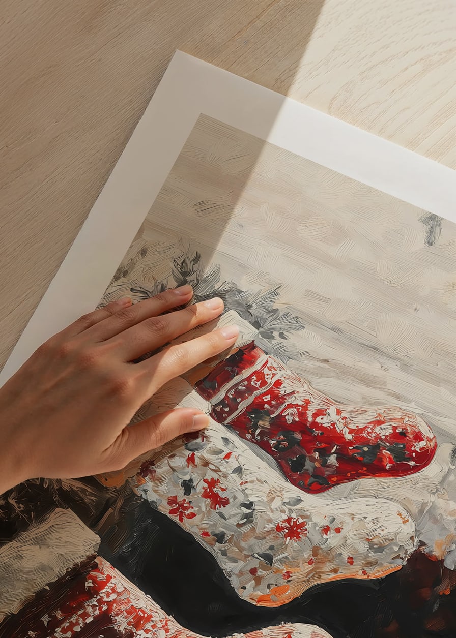 A Christmas poster with decorated Christmas stockings hanging over a cozy crackling fire-12