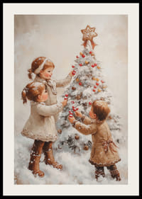 A nostalgic Christmas poster with children joyfully decorating a snow-covered Christmas tree.-2