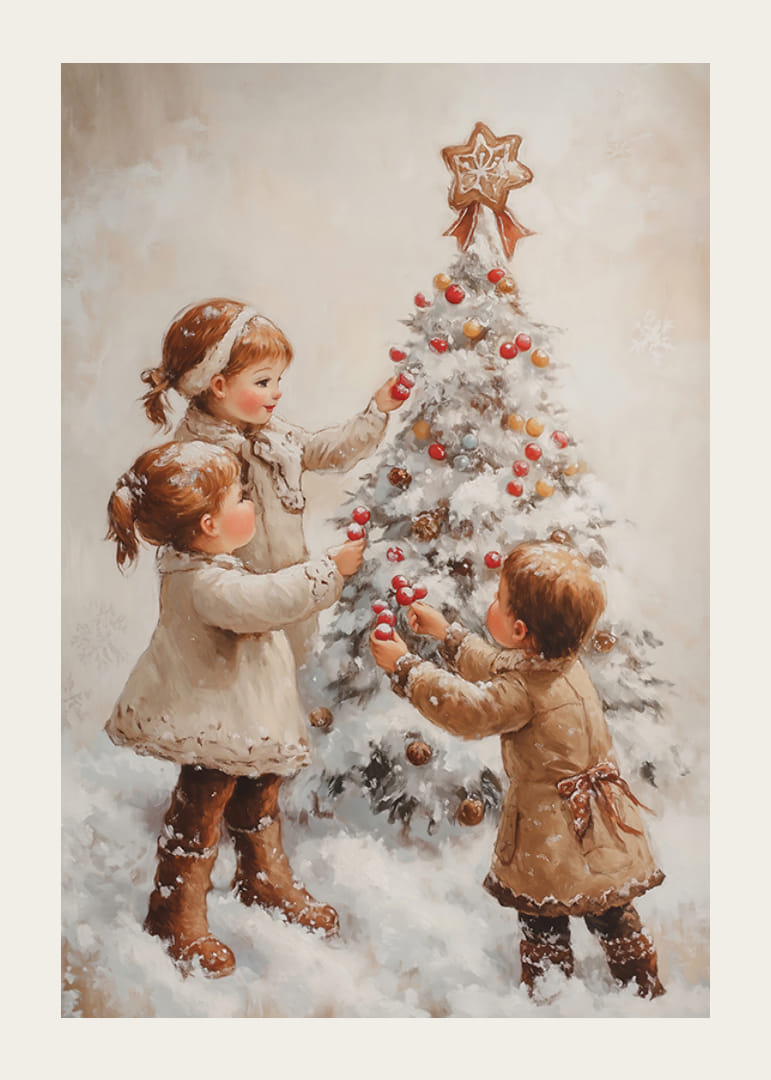 A nostalgic Christmas poster with children joyfully decorating a snow-covered Christmas tree.-12