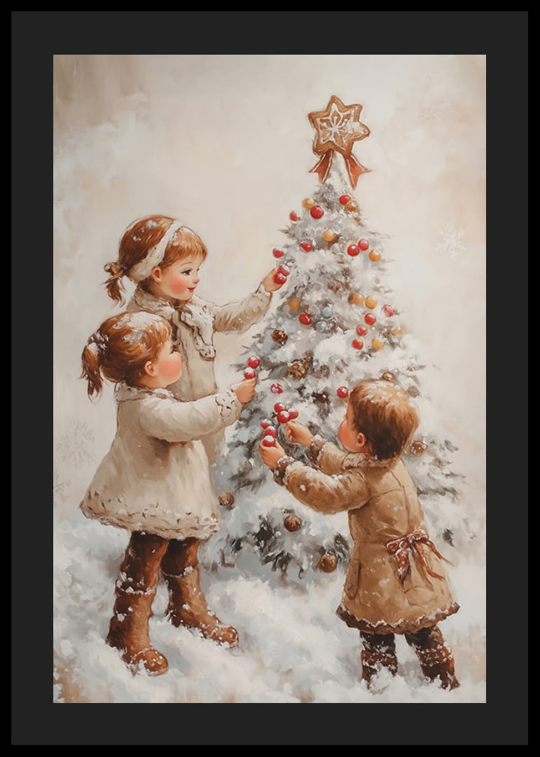A nostalgic Christmas poster with children joyfully decorating a snow-covered Christmas tree.-12