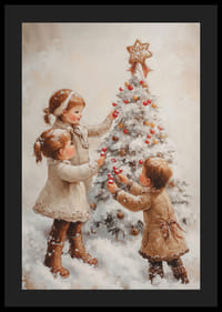 A nostalgic Christmas poster with children joyfully decorating a snow-covered Christmas tree.-4
