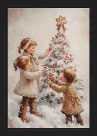 A nostalgic Christmas poster with children joyfully decorating a snow-covered Christmas tree.-5