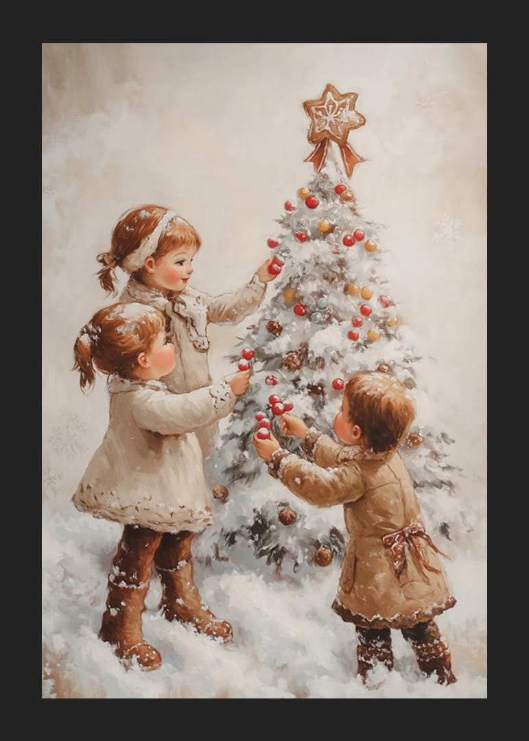 A nostalgic Christmas poster with children joyfully decorating a snow-covered Christmas tree.-12