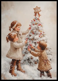 A nostalgic Christmas poster with children joyfully decorating a snow-covered Christmas tree.-6
