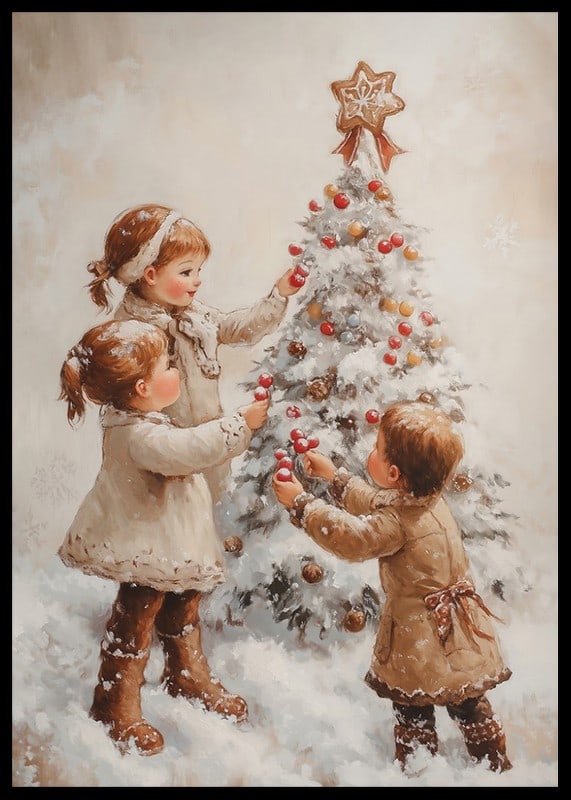 A nostalgic Christmas poster with children joyfully decorating a snow-covered Christmas tree.-12