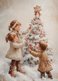 A nostalgic Christmas poster with children joyfully decorating a snow-covered Christmas tree.-7