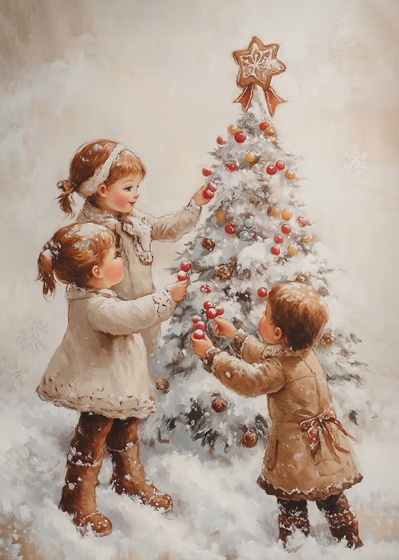 A nostalgic Christmas poster with children joyfully decorating a snow-covered Christmas tree.-12