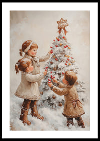 A nostalgic Christmas poster with children joyfully decorating a snow-covered Christmas tree.-0