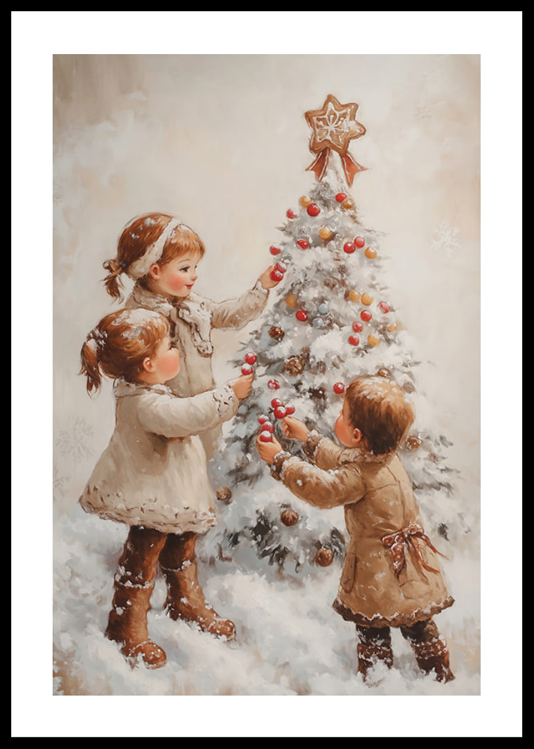 A nostalgic Christmas poster with children joyfully decorating a snow-covered Christmas tree.-12
