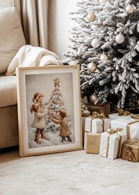 A nostalgic Christmas poster with children joyfully decorating a snow-covered Christmas tree.-8