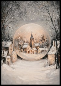 En juleplakat med en snekugle, der omslutter en malerisk, snedækket landsby i aftenlys.-6