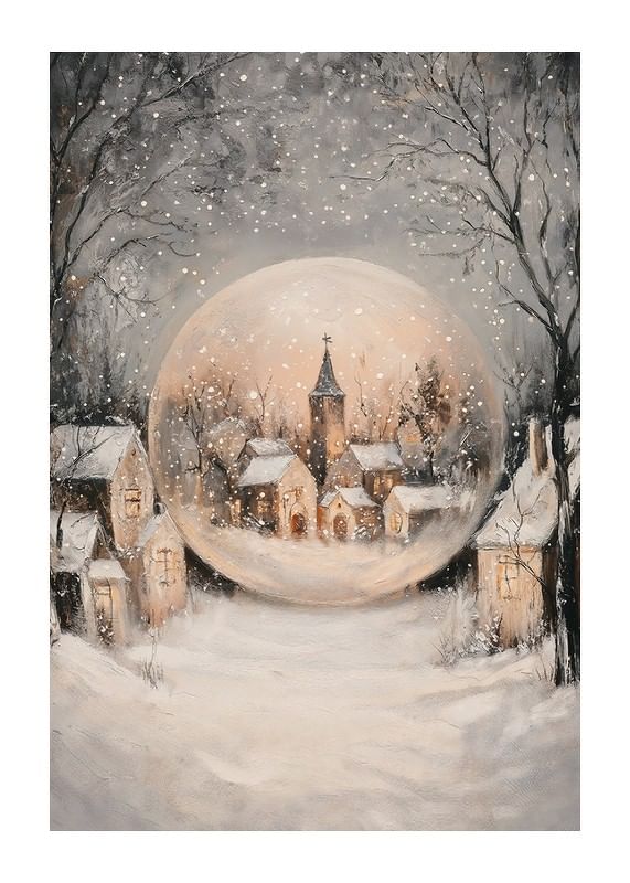 En juleplakat med en snøkule som omslutter en pittoresk, snødekt landsby i kveldslys.-12