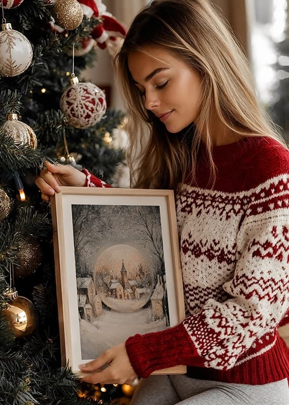 En juleplakat med en snekugle, der omslutter en malerisk, snedækket landsby i aftenlys.-12