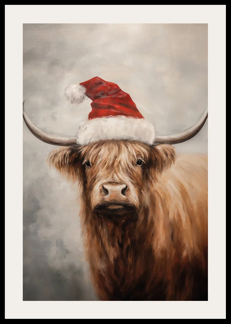 A Christmas poster with a highland shoe in a Santa hat that spreads charm and Christmas spirit.-12
