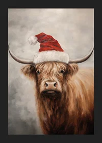 A Christmas poster with a highland shoe in a Santa hat that spreads charm and Christmas spirit.-5