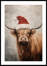 A Christmas poster with a highland shoe in a Santa hat that spreads charm and Christmas spirit.-0