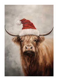 A Christmas poster with a highland shoe in a Santa hat that spreads charm and Christmas spirit.-1