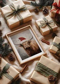 A Christmas poster with a highland shoe in a Santa hat that spreads charm and Christmas spirit.-8