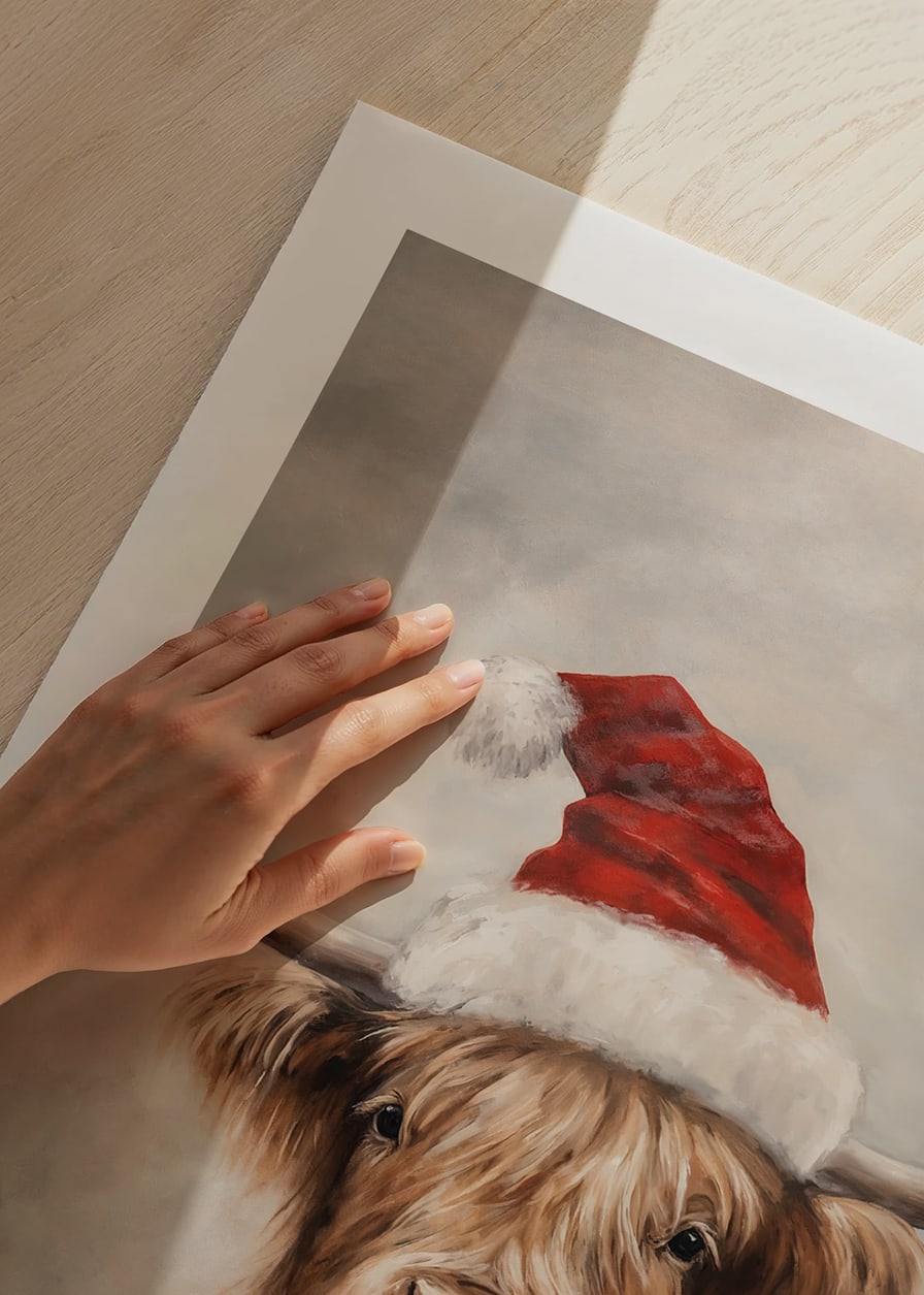 Un poster natalizio con una scarpa da montagna con un cappello da Babbo Natale che diffonde fascino e spirito natalizio.-12