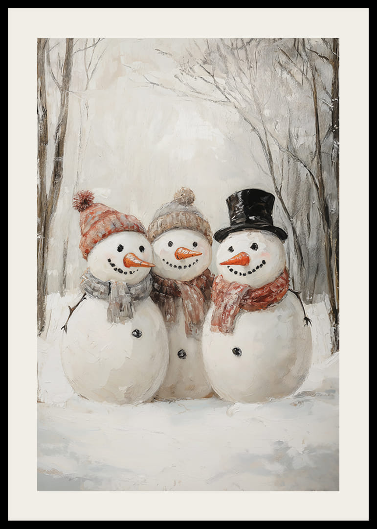 Karácsonyi plakát három boldog hóemberrel, akik a téli örömet és a közösséget terjesztik.-12