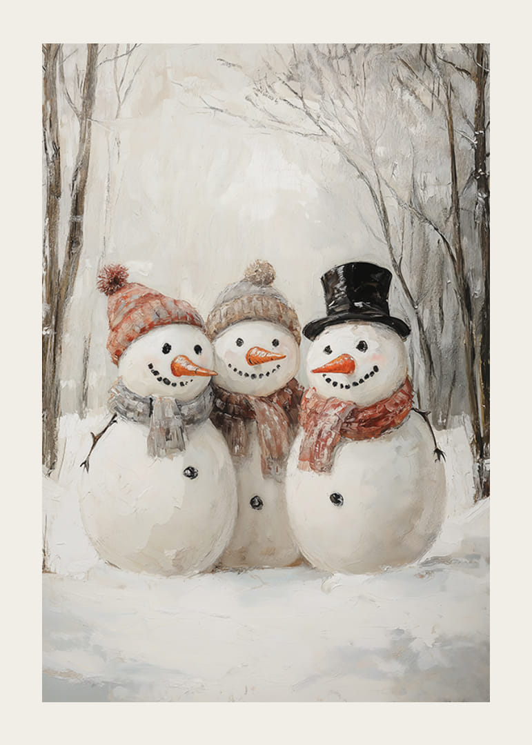 Karácsonyi plakát három boldog hóemberrel, akik a téli örömet és a közösséget terjesztik.-12