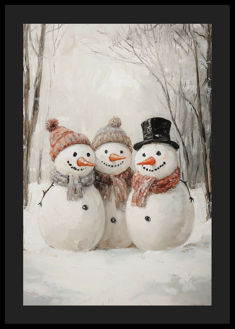 A Christmas poster with three happy snowmen who spread winter joy and community.-12