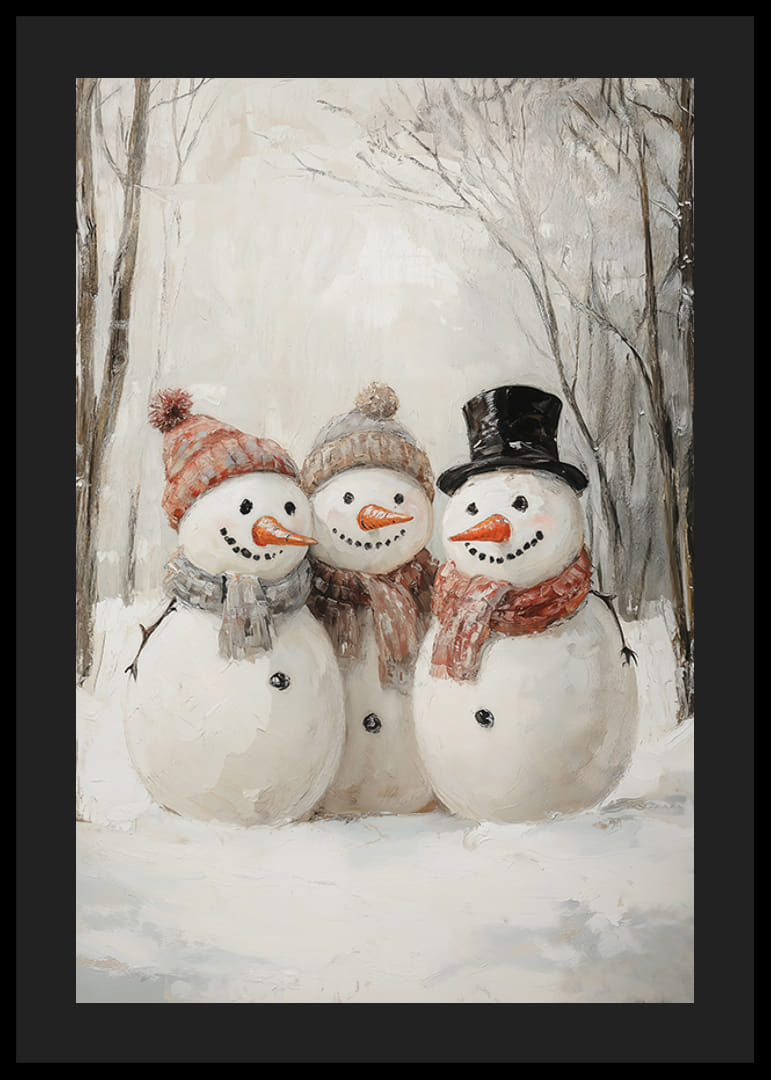 Karácsonyi plakát három boldog hóemberrel, akik a téli örömet és a közösséget terjesztik.-12