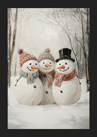 A Christmas poster with three happy snowmen who spread winter joy and community.-5