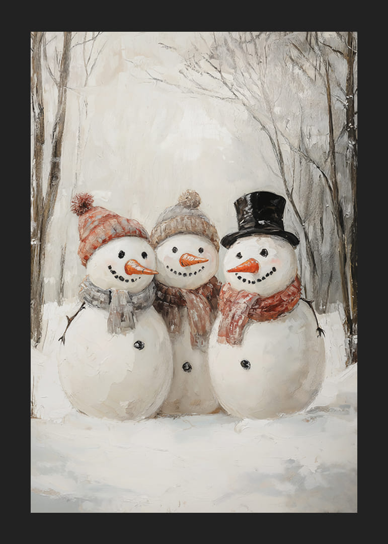 Karácsonyi plakát három boldog hóemberrel, akik a téli örömet és a közösséget terjesztik.-12