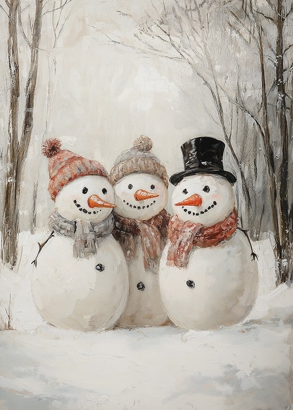 A Christmas poster with three happy snowmen who spread winter joy and community.-12