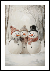 A Christmas poster with three happy snowmen who spread winter joy and community.-0