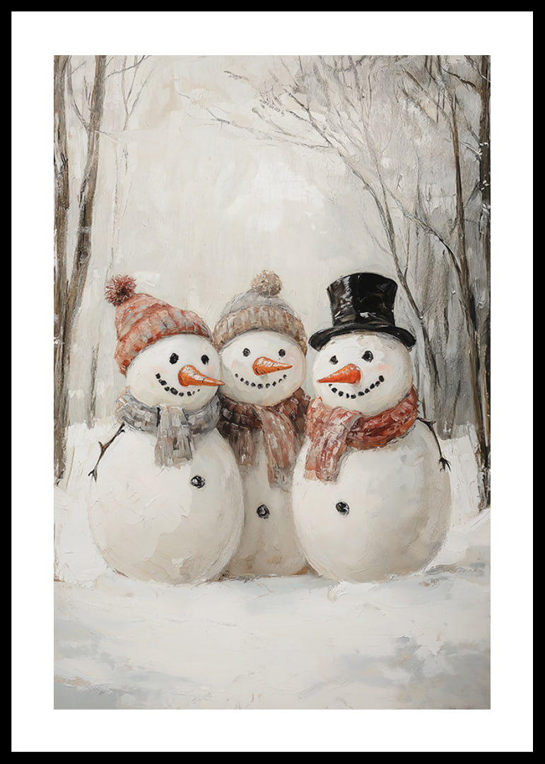 A Christmas poster with three happy snowmen who spread winter joy and community.-12