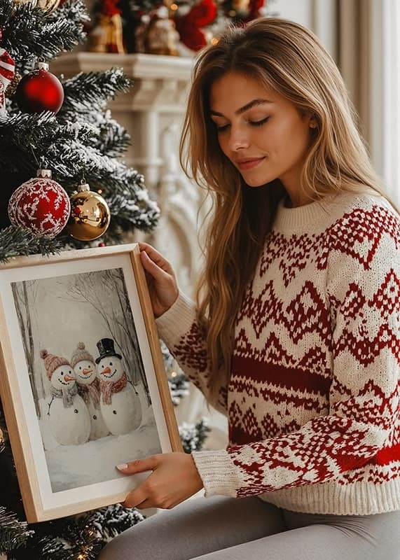 A Christmas poster with three happy snowmen who spread winter joy and community.-12