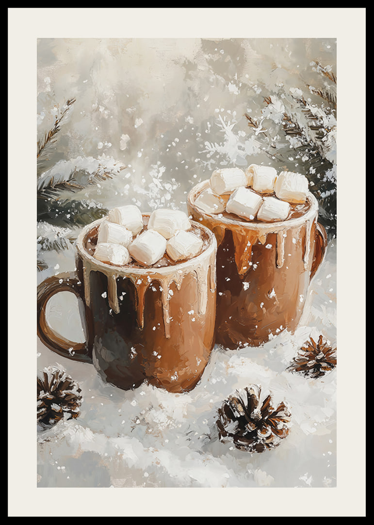 A winter poster with two cups of hot chocolate and marshmallows in a snowy setting.-12