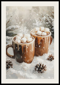 Zimný plagát s dvoma šálkami horúcej čokolády a marshmallows v zasneženom prostredí.-2