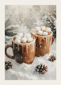 Zimný plagát s dvoma šálkami horúcej čokolády a marshmallows v zasneženom prostredí.-3