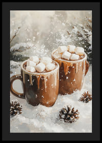 Zimný plagát s dvoma šálkami horúcej čokolády a marshmallows v zasneženom prostredí.-4