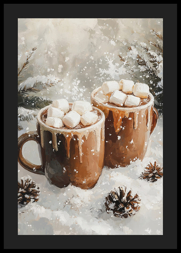 Zimný plagát s dvoma šálkami horúcej čokolády a marshmallows v zasneženom prostredí.-12