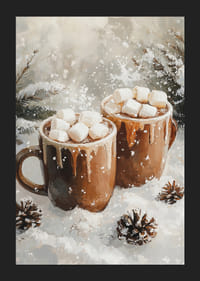 Zimný plagát s dvoma šálkami horúcej čokolády a marshmallows v zasneženom prostredí.-5