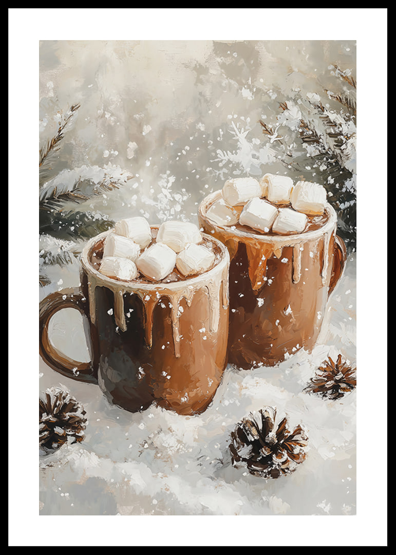 A winter poster with two cups of hot chocolate and marshmallows in a snowy setting.-12