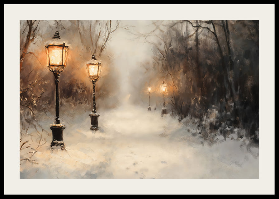 Zimný plagát so zasneženou cestou osvetlenou starými lampášmi v nehybnej krajine.-12