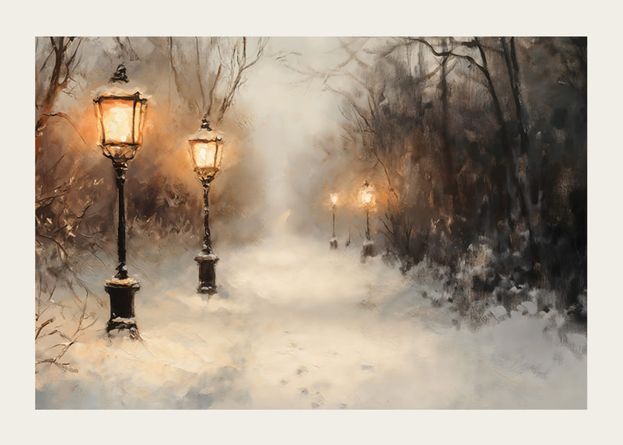 Zimný plagát so zasneženou cestou osvetlenou starými lampášmi v nehybnej krajine.-12